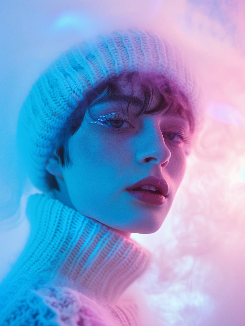 Closeup portrait of a girl with short hair in a white knitted cap, wearing a sweater with blue and pink neon lights and a foggy background in pastel colors in the style of Daria Endresen.