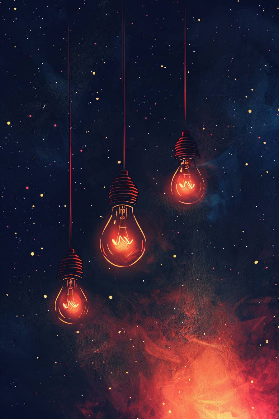 Illustration, dark starlight background, 6 light bulbs in front