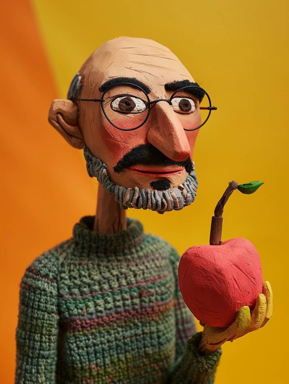 Claymation portrait of Steve Jobs, holding an apple, abstract claymation, Shaun the Sheep style, Malika Favre style