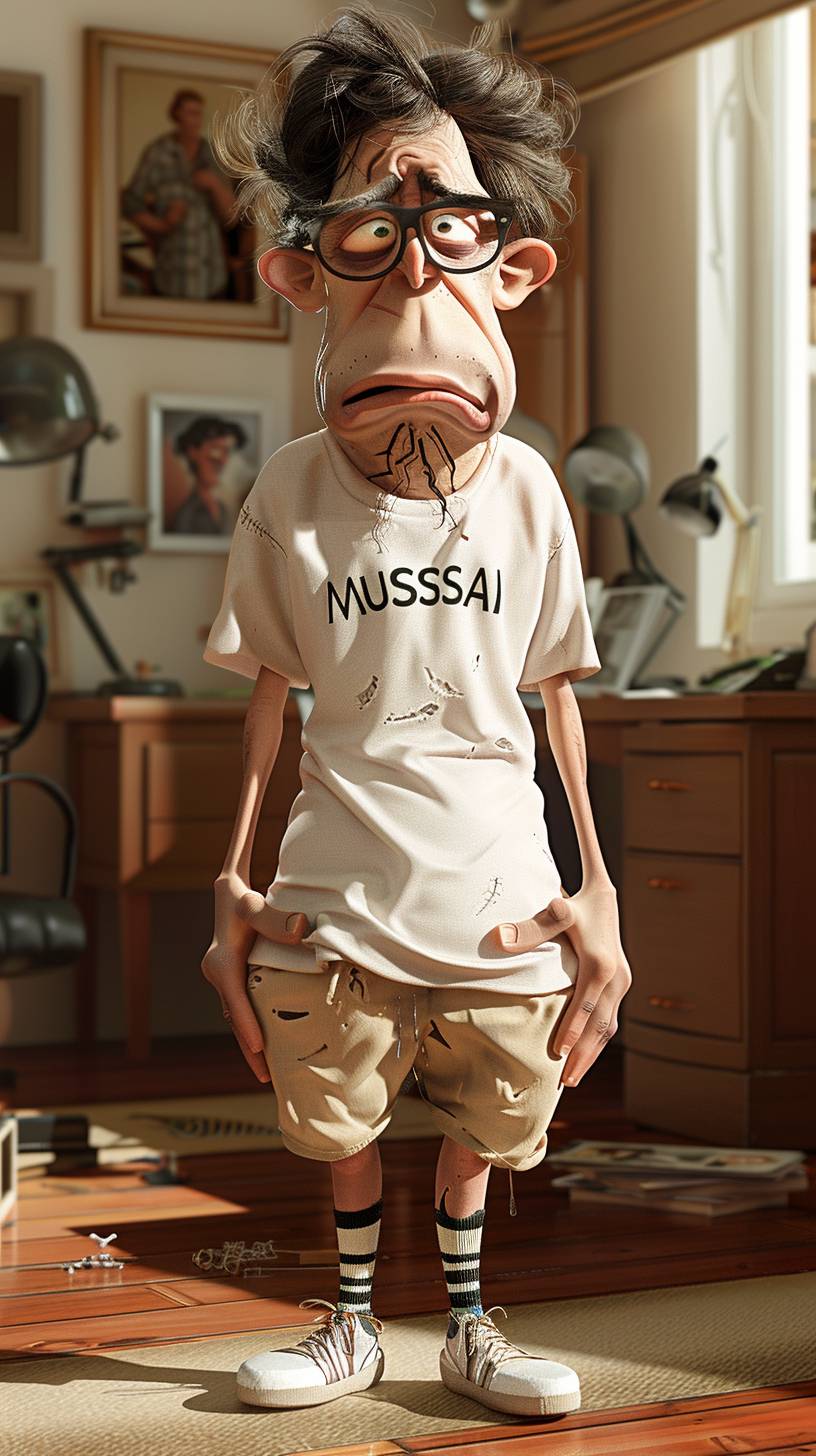 A caricature of a sad man wearing a white t-shirt, beige shorts and mismatched socks with exaggerated facial expressions, 'musesai' text in 3D Pixar style, office background, highly detailed.