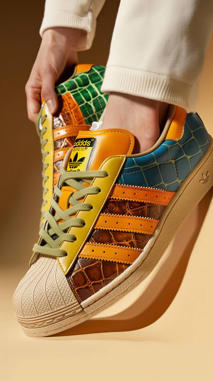 Adidas Originals nappa leather equestrian formal riding dress sneakers in collaboration with Hermes, made of natural colors ivory yellow background, shaded and gradient pastel brown blue green orange yellow color effect croc print and adidas three stripes on the side, inspired by a boy friend for life scifi NFT render symmetrical composition on top view, worn in the style of one hand model holding them from behind wearing an oversized white sweater while walking in landscape.