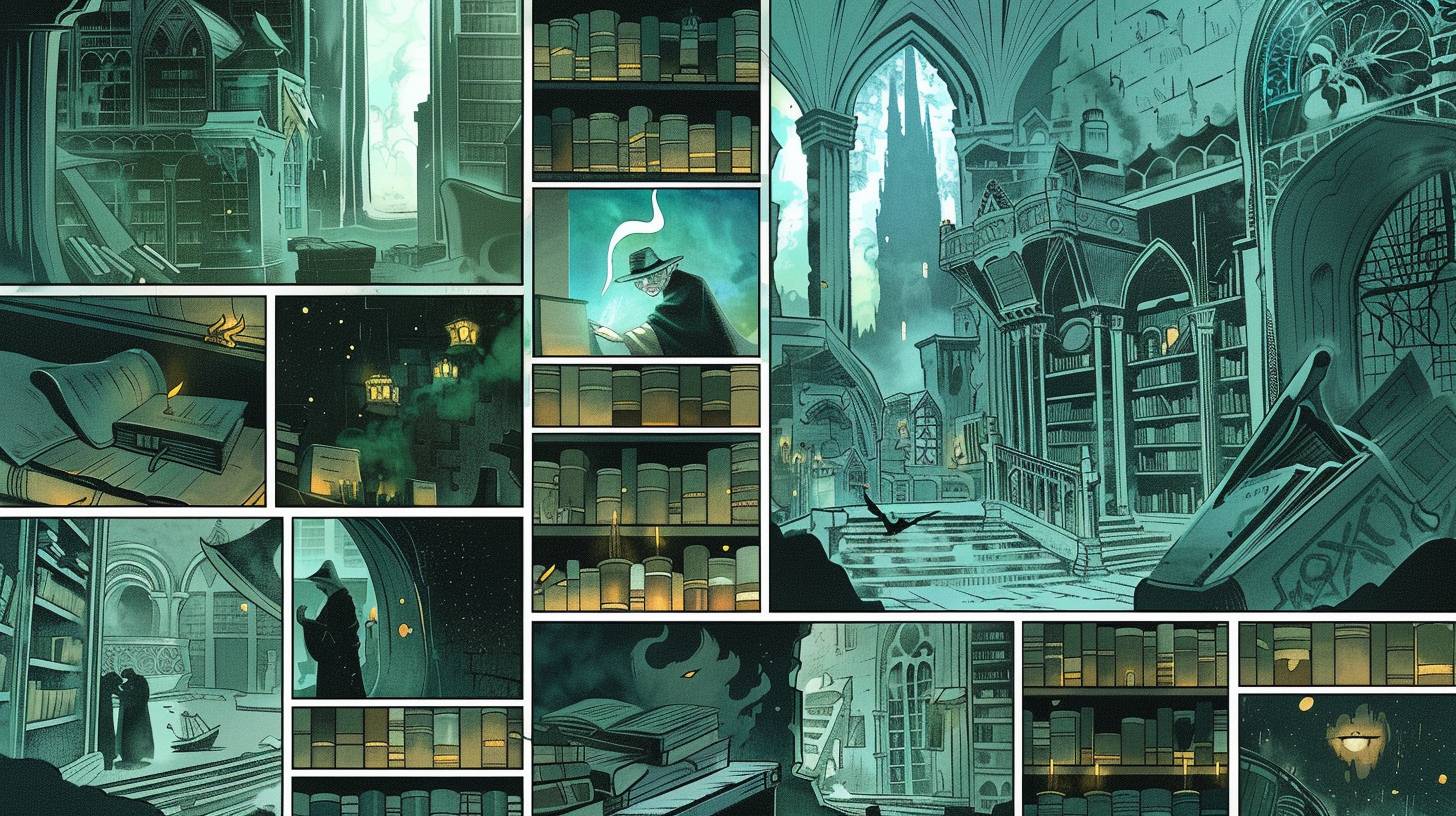 A comic book page with panels of a charming wizard in each panel, set in a mystical library filled with ancient tomes and magical artifacts, all depicted in an anime style. Spell-casting confrontation scene drawn with high detail, with white space around each frame.