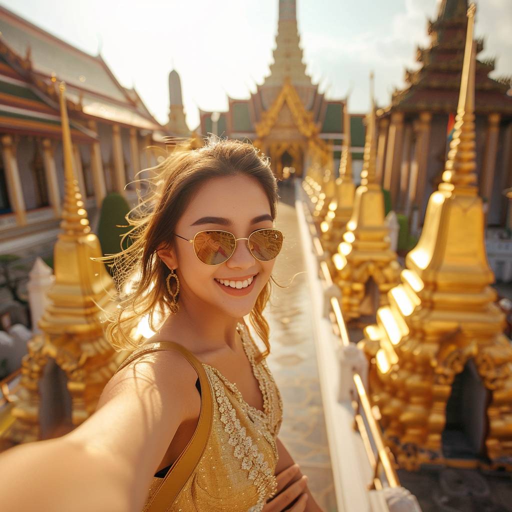 Portrait of a happy young Thai woman holding a hand and taking a selfie photo in Bangkok, exploring a temple complex with ornate golden stupas. Travel concept, The sun brightly illuminates the golden temples at midday, luminous colors, bokeh effect.