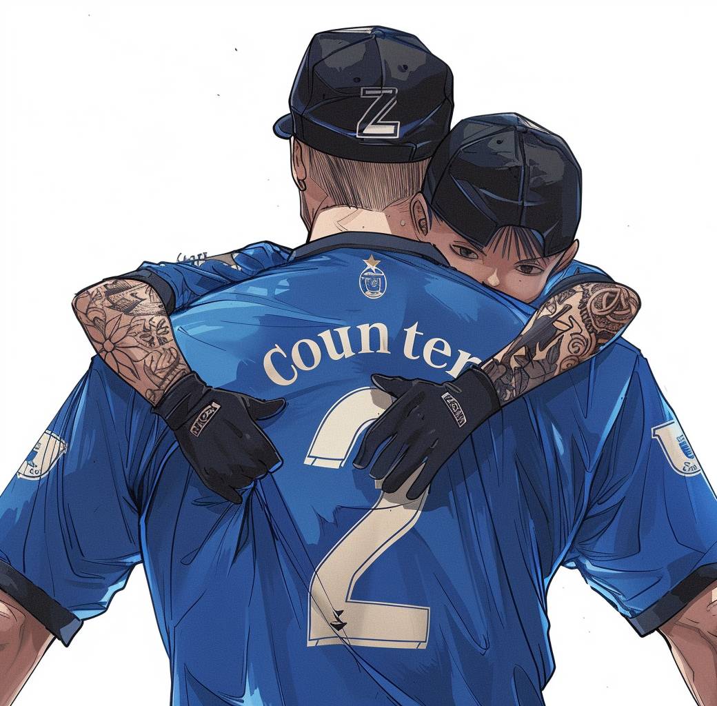 I want to draw an illustration of the back view from above, with two hands holding each other on top and wearing black cap in cartoon style, an adult man carrying his son who is sitting atop him dressed as Inter Milan player Z pseudonym 'Counter strike' written across their blue t-shirts, they have no facial hair or tattoos. The father wears jersey number '2' while he has uniform numbers '980'. They both wear gloves and smile at me. White background.