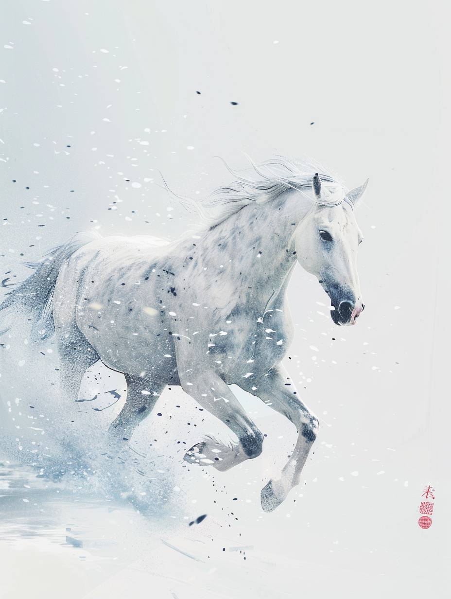 White background, Chinese color ink style, white horse running in the wind and snow, ice blue snow, facing the audience, simple drawing depicting fantasy elements, exaggerated perspective composition, minimalist lines, creating a unique flavor of ancient China. There are Chinese poems and red seals.