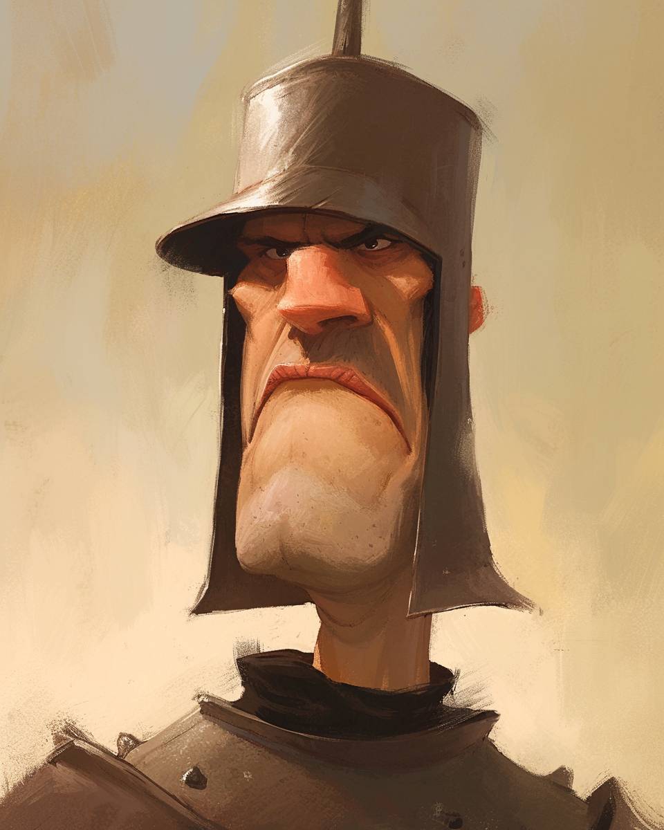 Close-up caricature of a Monty Python Knight character with exaggerated features, realistic textures, humor-infused, playful