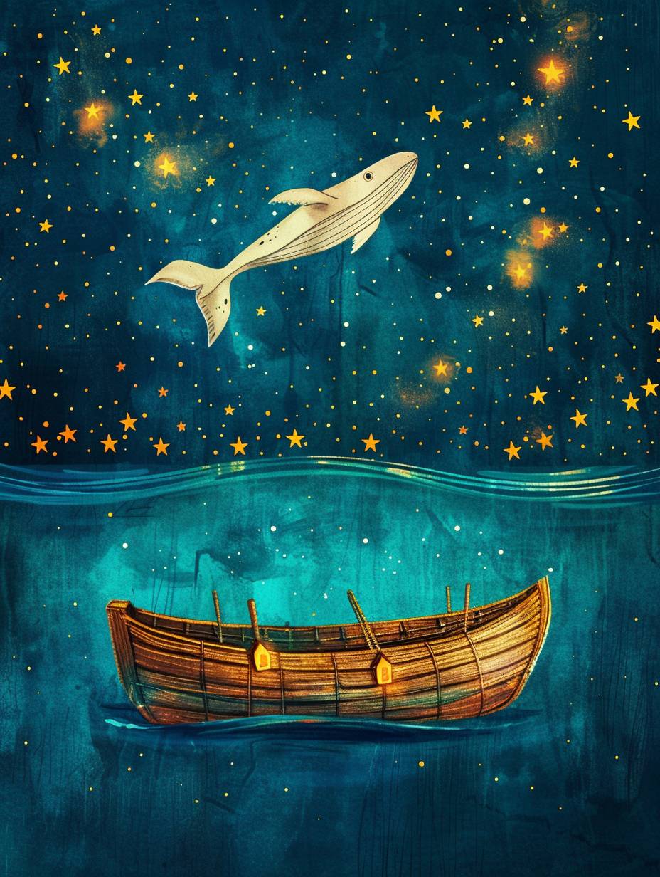 A small wooden boat floats in the starry sky, and a cute little white whale flies above the boat. The picture has a children's drawing style, simple lines, and crayon texture. It has a blue background with stars twinkling around it, creating an atmosphere of mystery and magic. The boat is painted brown, adding warmth to its appearance. A yellow light shines on one side of the bottom edge of the canoe, creating soft shadows that highlight details. This scene creates a dreamy feeling, making people feel like they have a script, which adds a sense of fantasy to the overall picture.