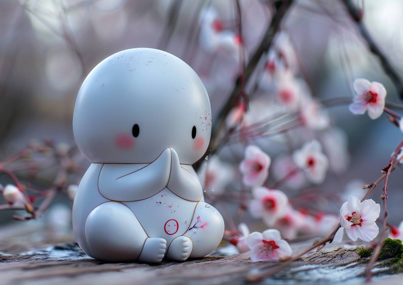 Ghastly glitchpunk white Teru Teru Bozu doll, in praying position, blossoms, minimalism