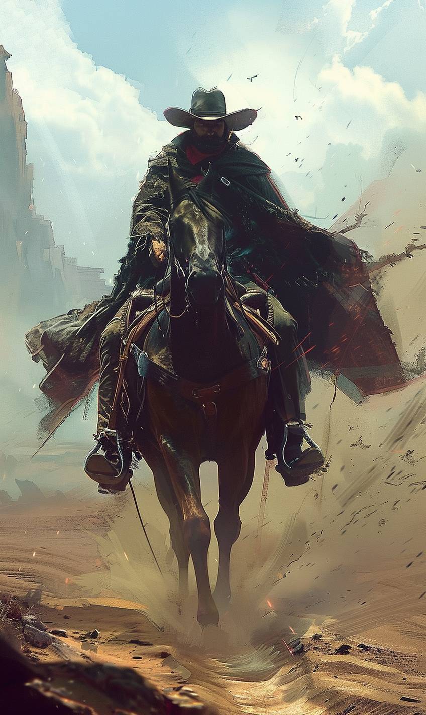 Western punk character riding through lonely wasteland by Jama Jurabaev