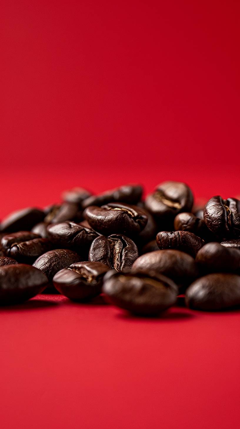 Red background, coffee beans, captured details using a Nikon D850 camera, with soft lighting and natural shadows, in the style of commercial product photography