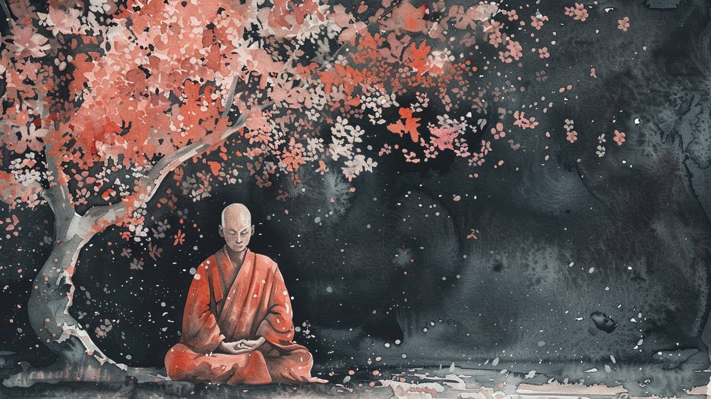 Earthy light crimson and silver monk meditating under a cherry blossom tree, watercolor, wet-on-wet blending, black background