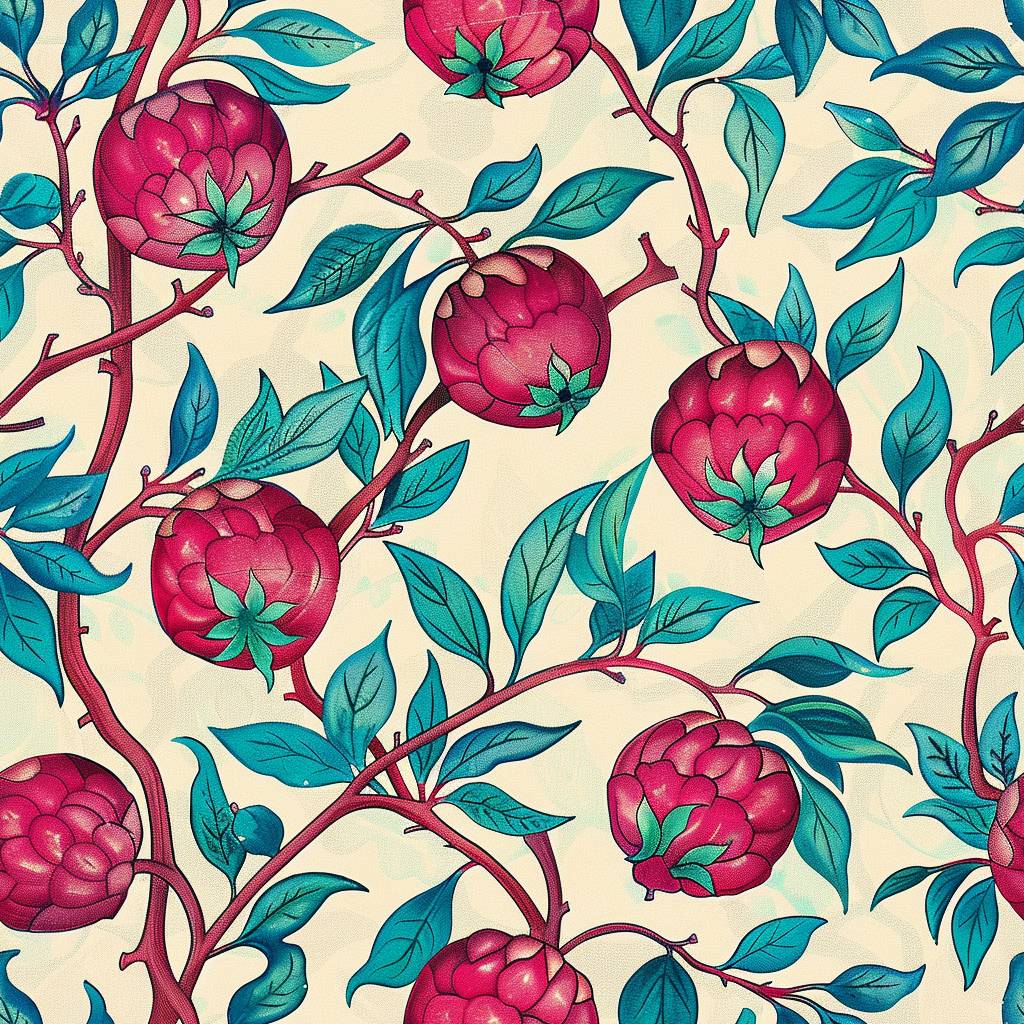 large magenta pomegranates, turquoise branches in the style of Iznik tile