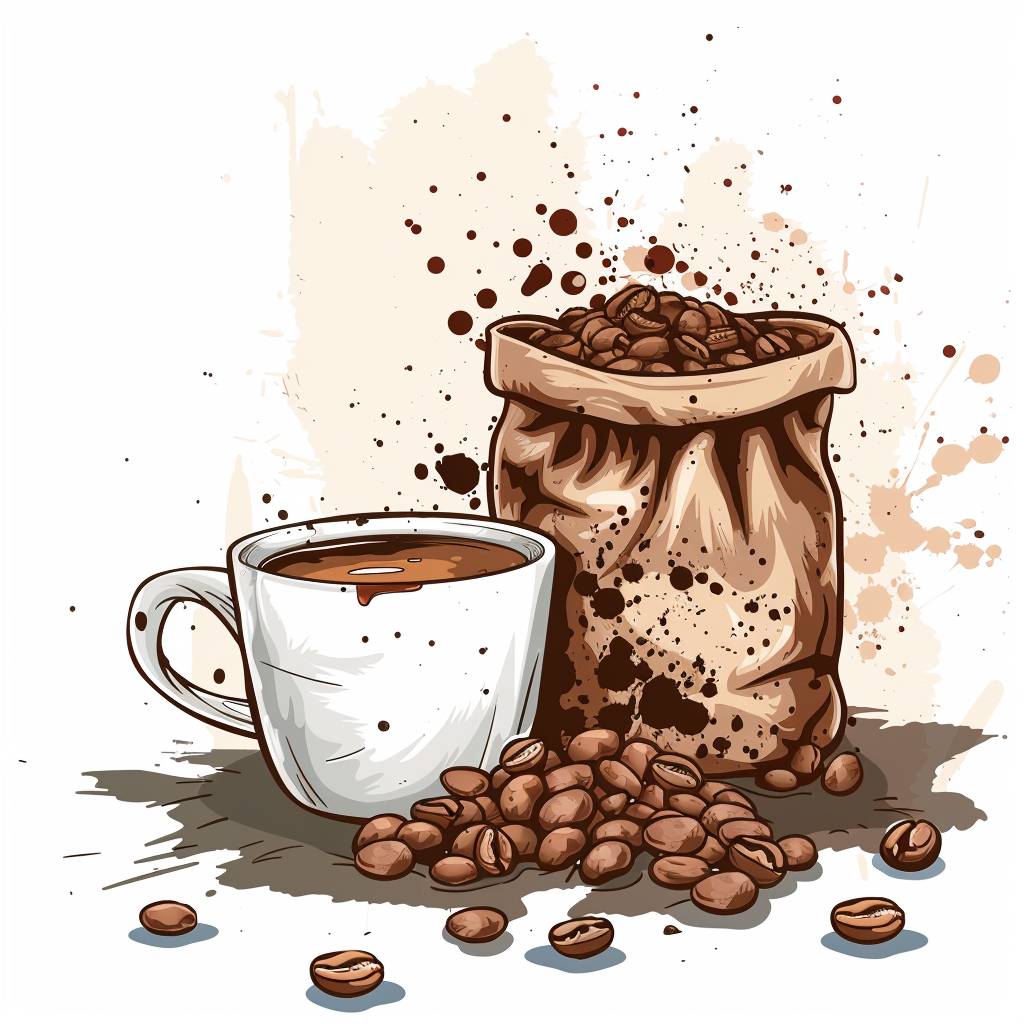 Advertisement for bags of coffee beans and a cup with coffee stains on it, vector icon, isolated, template, copy space, (colors)