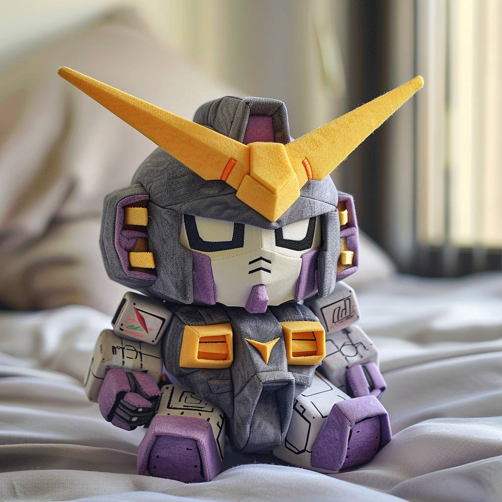 Gundam in the color purple, yellow and grey, Plush doll art, Light background, Soft colors, 3D characters, minimalist, cartoonish --relax --v 6.0