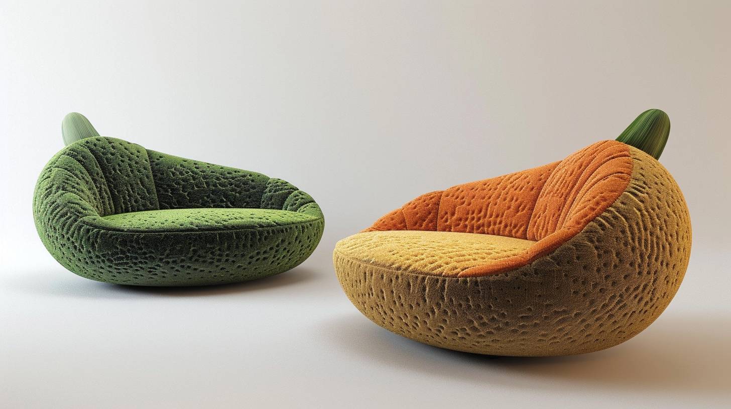 A three-dimensional model of furniture inspired by a specific vegetable, carefully designed to mimic the real texture and color of the vegetable, placed in a designated room setting, merging functional furniture design with the playful essence of the chosen vegetable, rendered in photorealistic detail and vibrant colors to evoke a fresh organic feel.