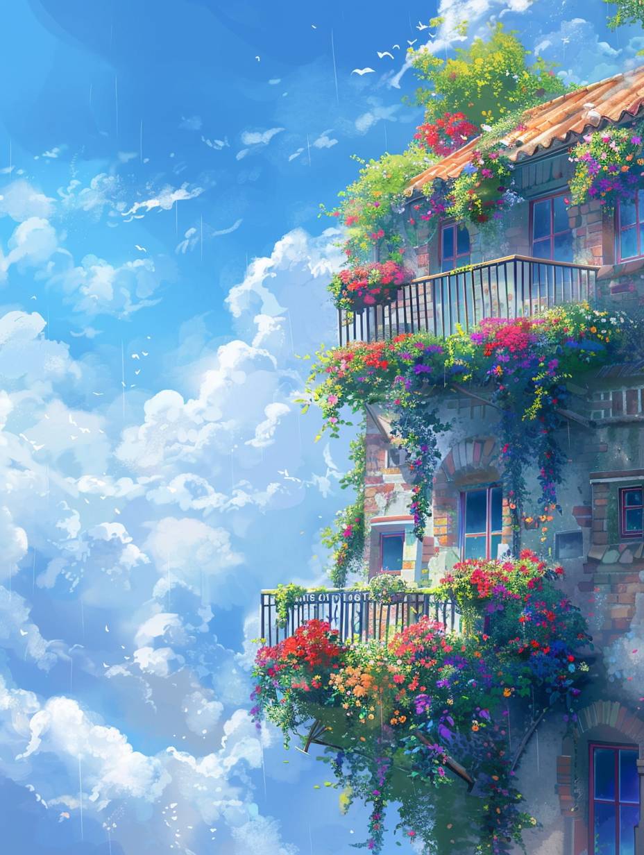 A charming depiction of a beautiful two-story courtyard with clean walls, floating on clouds. The garden is filled with vibrant flowers under a bright blue sky with white clouds and misty surroundings. The scene captures the magic of Studio Ghibli, with a focus on nature's beauty and the elegance of the courtyard. The colors are bright and the details are meticulous, creating a harmonious and serene image. Created using colored pencils, vibrant and soft colors, intricate detailing, Miyazaki's enchantment, pastoral atmosphere, hand-drawn precision, storybook quality, harmonious composition, HD quality, natural look.