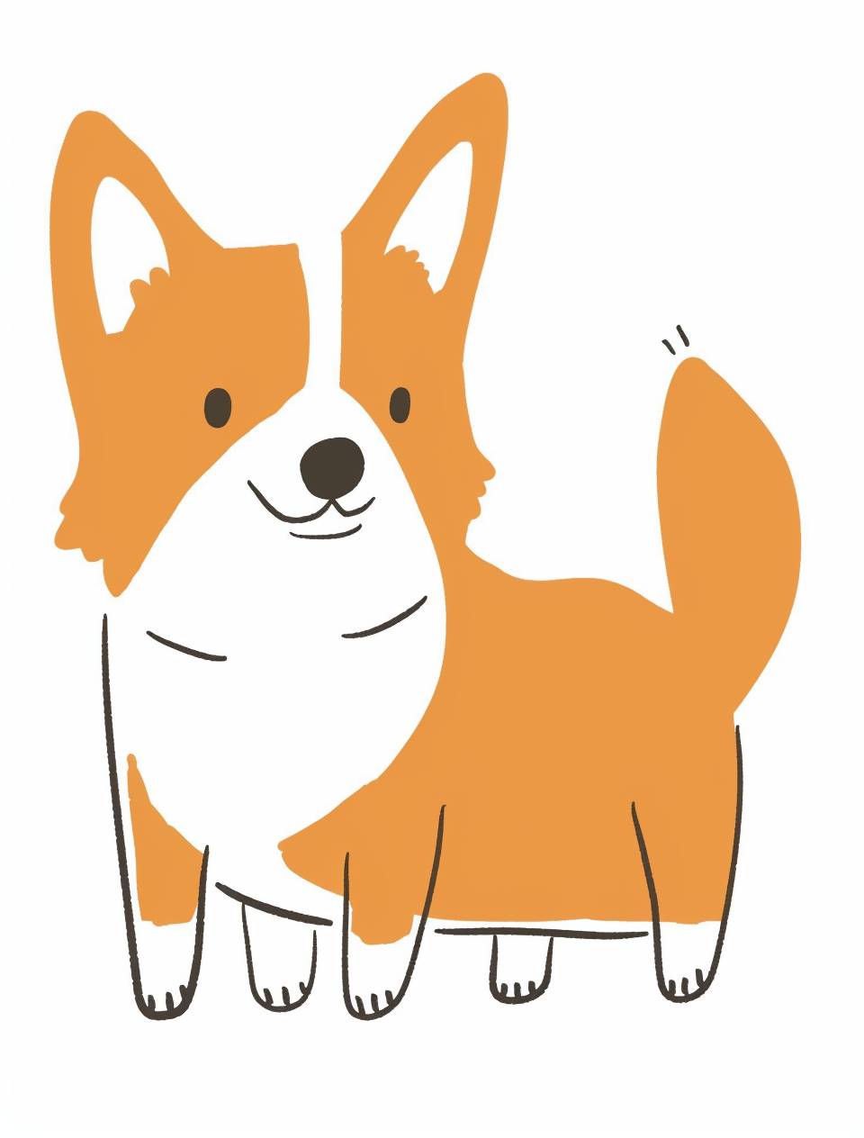 オレンジと白のコーギー犬をシンプルな形状で描いたかわいいシンプルなイラストです。手書きの太い線で、竹正涼のスタイルで描かれた白い背景に、ハッピーな表情のカートゥーンキャラクターデザインがあります。