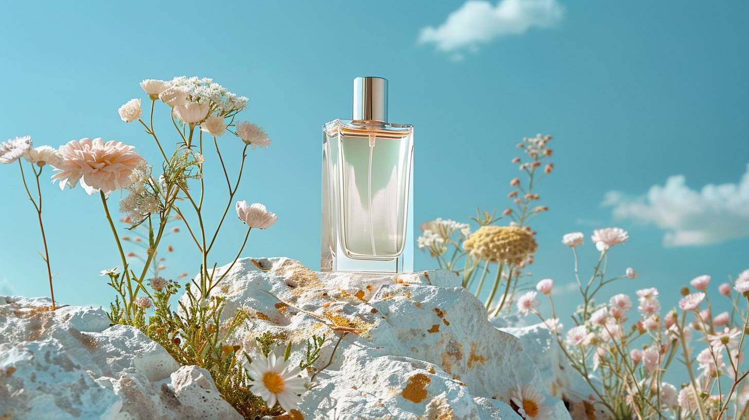 Product photography, micro close-up, Chanel perfume, translucent, sitting on a giant white rock, with flowers at the side, blue sky, combining natural and man-made elements, featuring white and beige, studio light, high details, best quality, HD, 8K