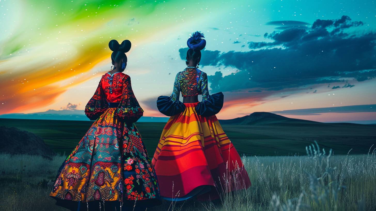 Haute-couture advertising campaign photographed by Erik Madigan Heck. Two models wearing Comme des Garcons Avant-Garde costume. Mongol steppe in background. Northern lights in the sky.