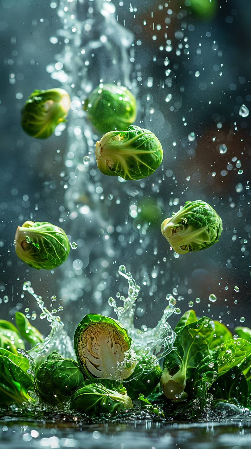 Four pieces of chopped brussels sprouts flying through the air with a splash, the background is cleanly lit and the water is transparent