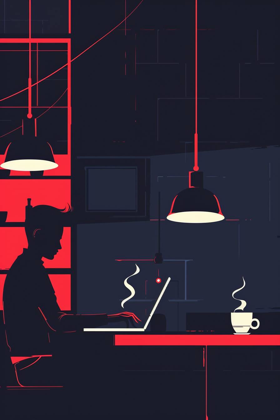 A young man sits in a minimalist cafe, focused on his laptop. The setting is depicted in a super simplified flat vector art style, using a dark navy and red color palette. The scene features bold black lines and flat color areas, creating a clean and modern look. A cup of coffee with steam rising beside the laptop adds a touch of warmth to the scene. Use bold, clean black lines to outline the main elements. The colors should be flat, with no gradients or textures, focusing on dark navy and red. The design should be highly simplified, reducing details to essential forms. The steam from the coffee can be represented with simple, curving lines.