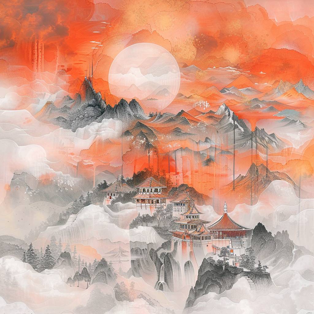 コットンクラウドが重なり合い、ミニマリズム、繊維素材のインスタレーション、山村を描いた中国の絵画、レイヤードメッシュ風の幻想的なイラスト、宗教建築、マルチカラーフィールド、白とオレンジ、アングラ系、コンセプチュアルデジタルアート--v 6.0