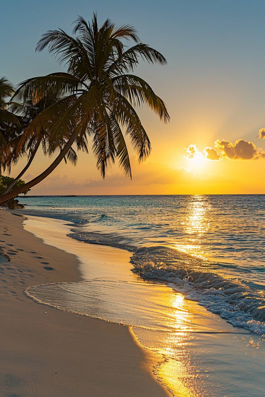 A serene beach at sunset, with palm trees swaying gently in the warm breeze and the golden sun sinking below the horizon, casting a romantic glow over the turquoise waters.