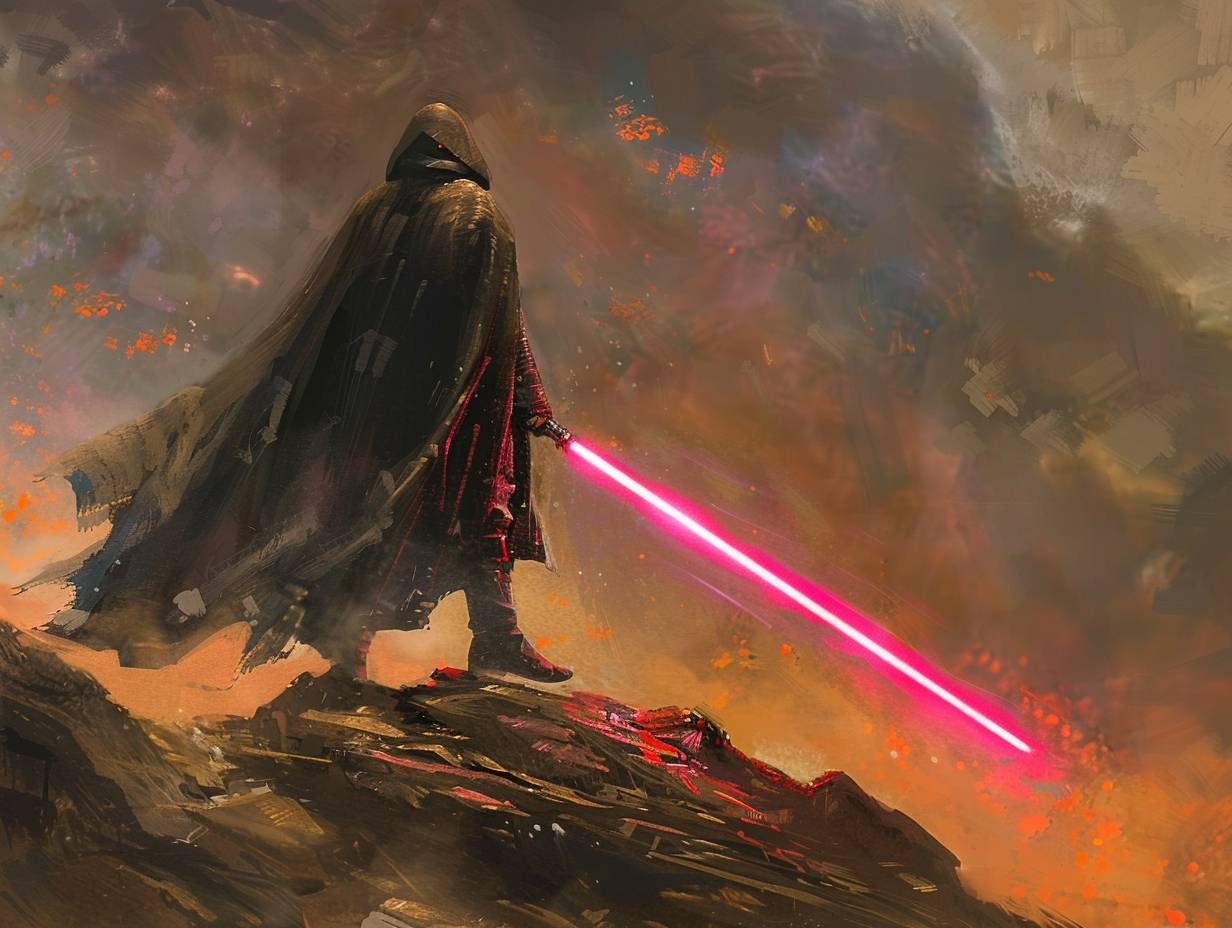 Star wars poster, a [Subject] wearing a [color] cloak and holding a [color2] light saber, on [background], [composition], fighting pose, highly detailed