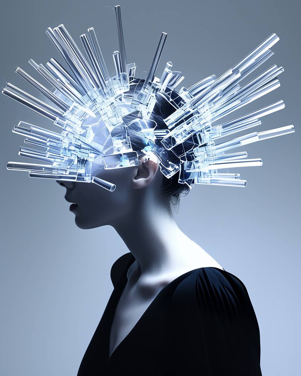 A model wears an avant-garde headpiece made of glass nails, creating a unique and bold visual effect. The glossy texture adds depth to the composition, while her dynamic pose highlights the structure's design. This studio photograph captures every detail with precision using high-quality lighting techniques, emphasizing textures and colors in the style of fashion photography.