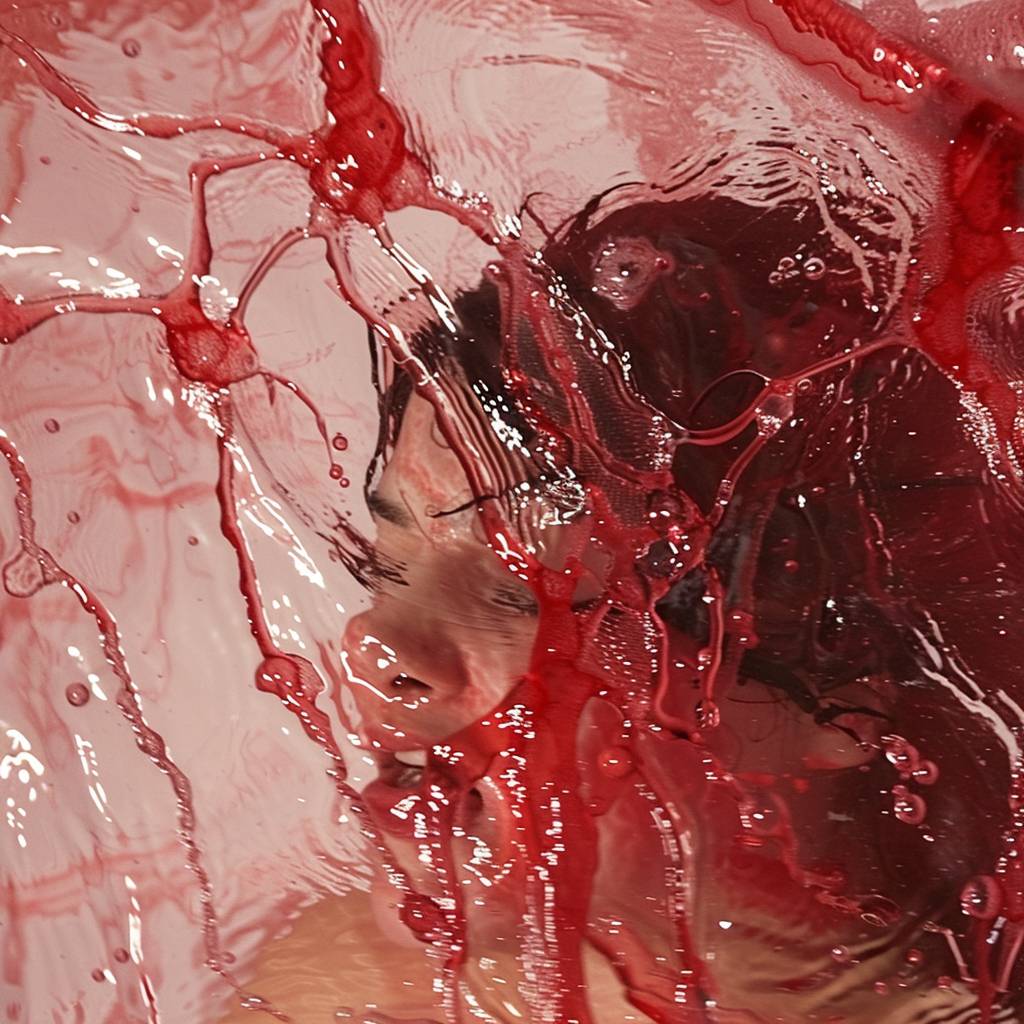 Shot from the top, a party costume woman in water with her face covered by melted red ice, in the style of Jennifer Rubell, experimental filmmaking, Louise Bourgeois, aerial abstractions, Dusan Djukaric, blink-and-you-miss-it detail, realistic –ar 16:9 --v 6.0