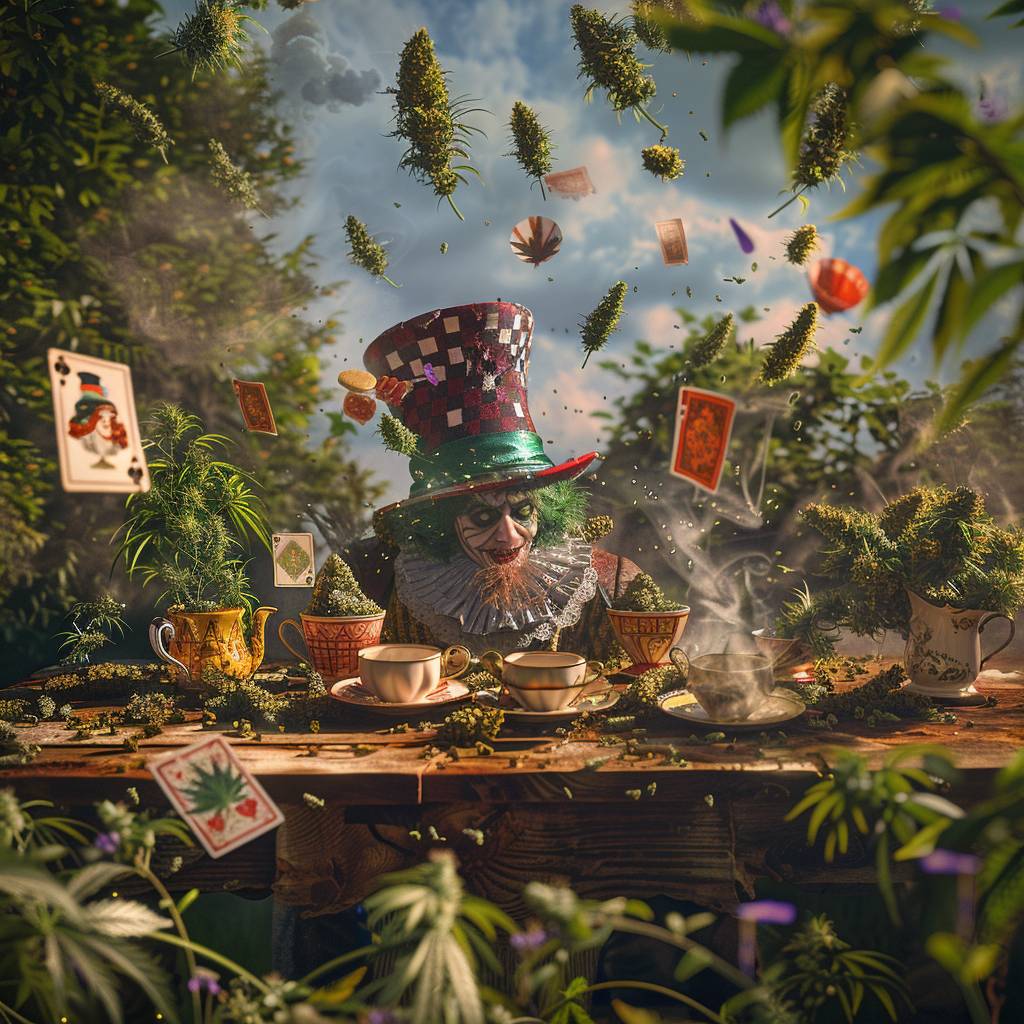 Hyper detailed movie still that fuses the iconic tea party scene from Alice in Wonderland showing the Hatter and an adult Alice. A wooden table is filled with teacups and cannabis plants. The scene is surrounded by flying weed. Some playing cards are flying around in the air. Captured with a Hasselblad medium format camera.