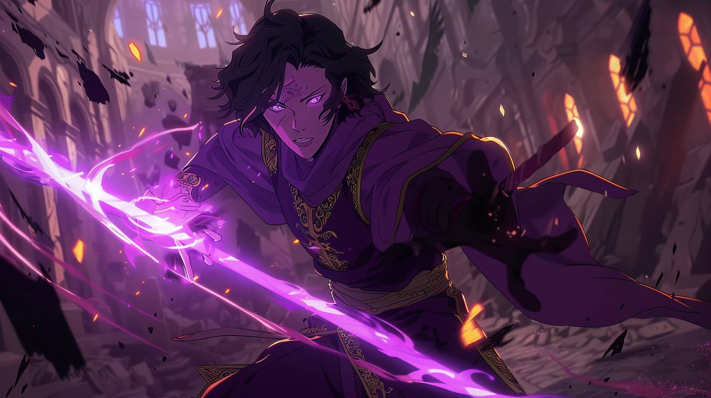 An anime dynamic action scene featuring a powerful mage with glowing white eyes, dressed in ornate purple and gold robes, wielding a staff with a crystal orb, casting a spell in an ancient ruined temple. This scene includes dramatic lighting, high contrast, frontal angle, swirling magical energy, floating debris, and a determined expression. It showcases sakuga animation style, cel shading, dynamic lines, fluid motion, vibrant colors, and highly-detailed imagery.