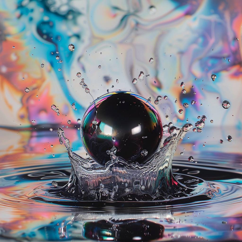 High-energy kinetic photograph depicting silver ball flying through splashing iridescent ferrofluid