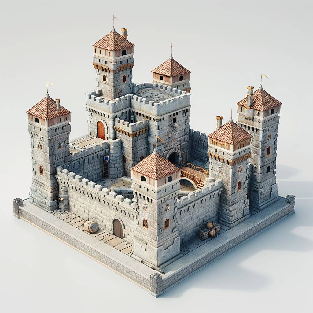 Isometric view of a medieval castle with towers and drawbridge in the style of game art. Game asset design with a grey color palette. Low poly render, high resolution and high detail. 3D blender rendering, high contrast, sharpness and is hyper-realistic, white background --v 6.0.