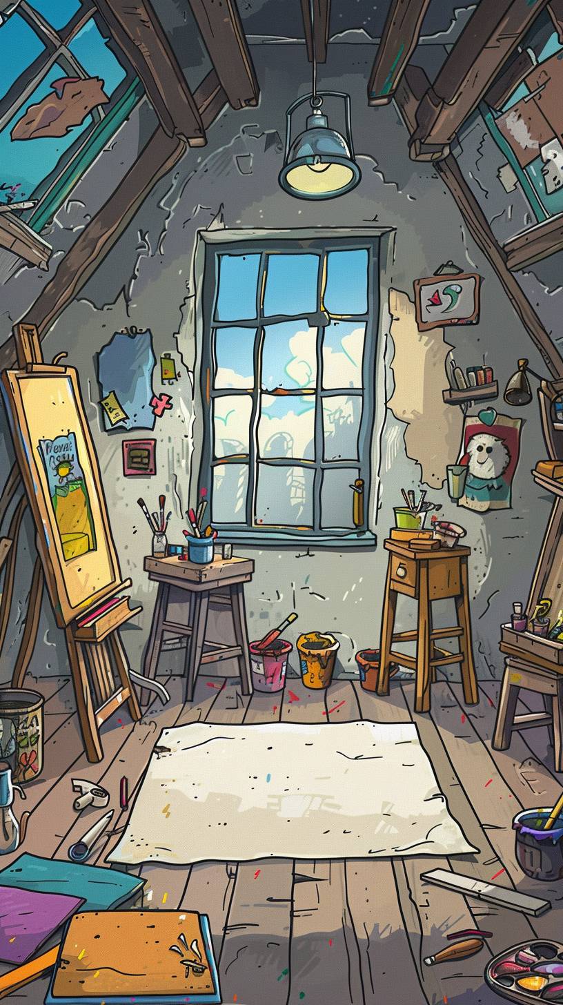 2D hand-drawn cartoon illustration of an art studio a clown would use in simple colored hand-drawn style