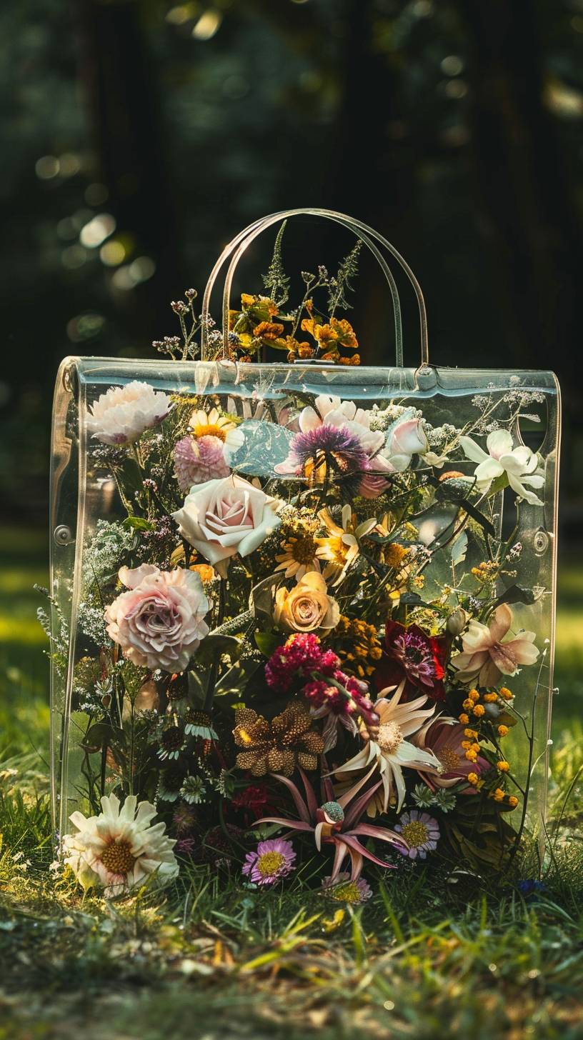 A transparent and exquisite luxury bag, filled with all kinds of expensive and exquisite flowers, was placed on the grass