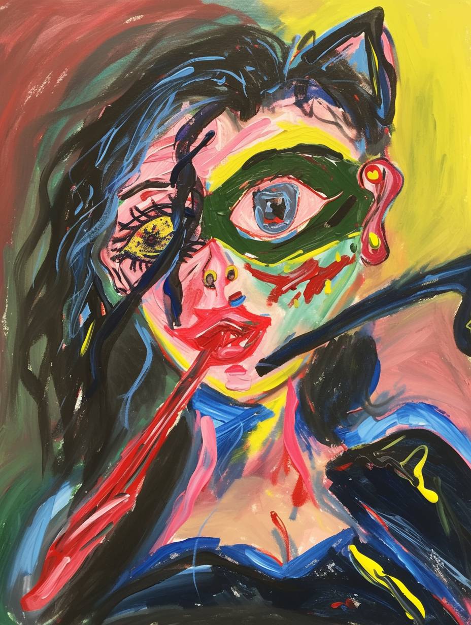 A self-portrait of Catwoman painted in the style of Wassily Kandinsky, with vivid colors, a bright and cheerful mood, in an expressionist style, with strong lines, brush strokes, simple shapes, flat areas of color, abstracted facial features