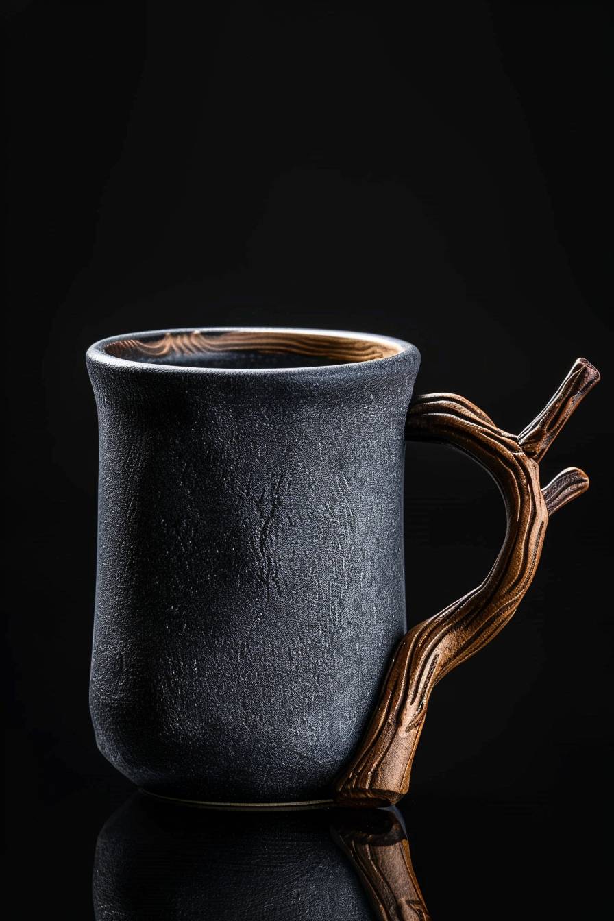 White cup, ceramic mug with handle shaped like tree trunk, dark grey color, product photography, studio lighting, black background, front view