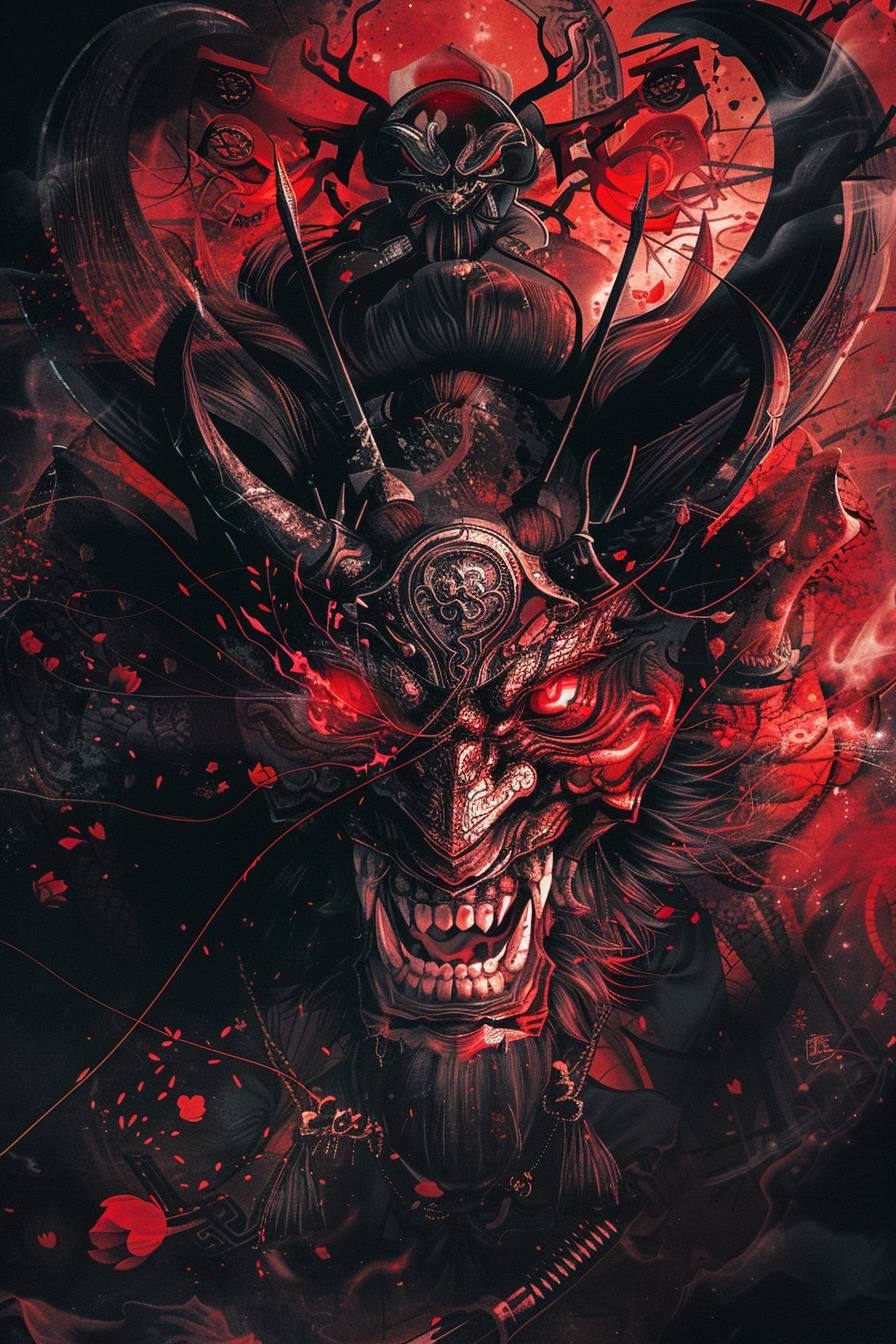 Oni portrait, fierce expression with glowing eyes and sharp fangs, intricate horned headpiece, dark and ominous background with hints of Japanese motifs like torii gates and cherry blossoms, main colors are deep red and black, menacing and powerful atmosphere, detailed features, high contrast, illustration style.