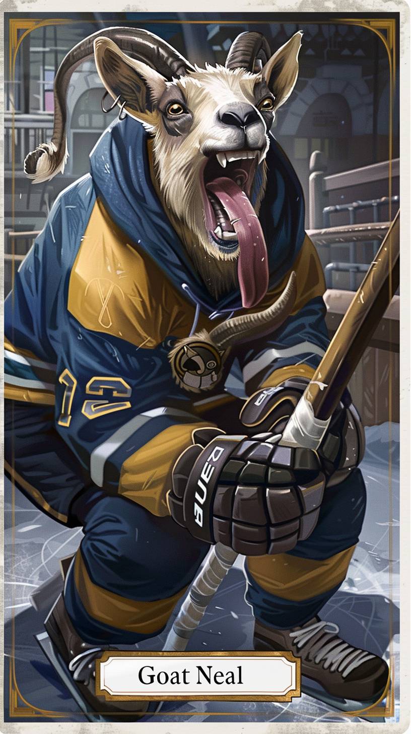 An upper deck hockey player card of a goat with his tongue sticking out in hockey gear holding a hockey stick. The nameplate at the bottom reads 'Goat Neal'
