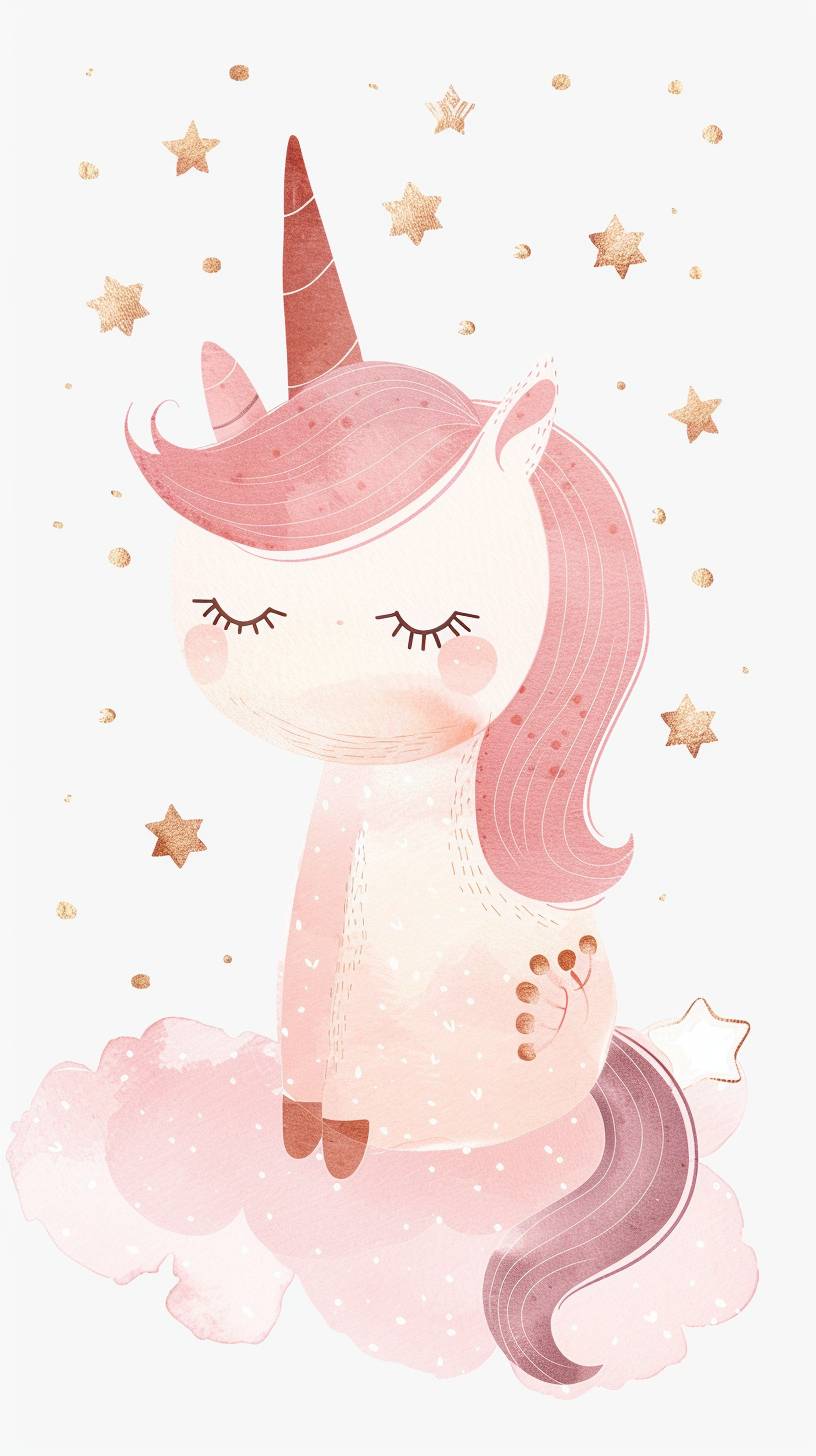 A cute pink unicorn clipart, organic forms, in the style of Jon Klassen, desaturated light and airy pastel color palette, nursery art, white background