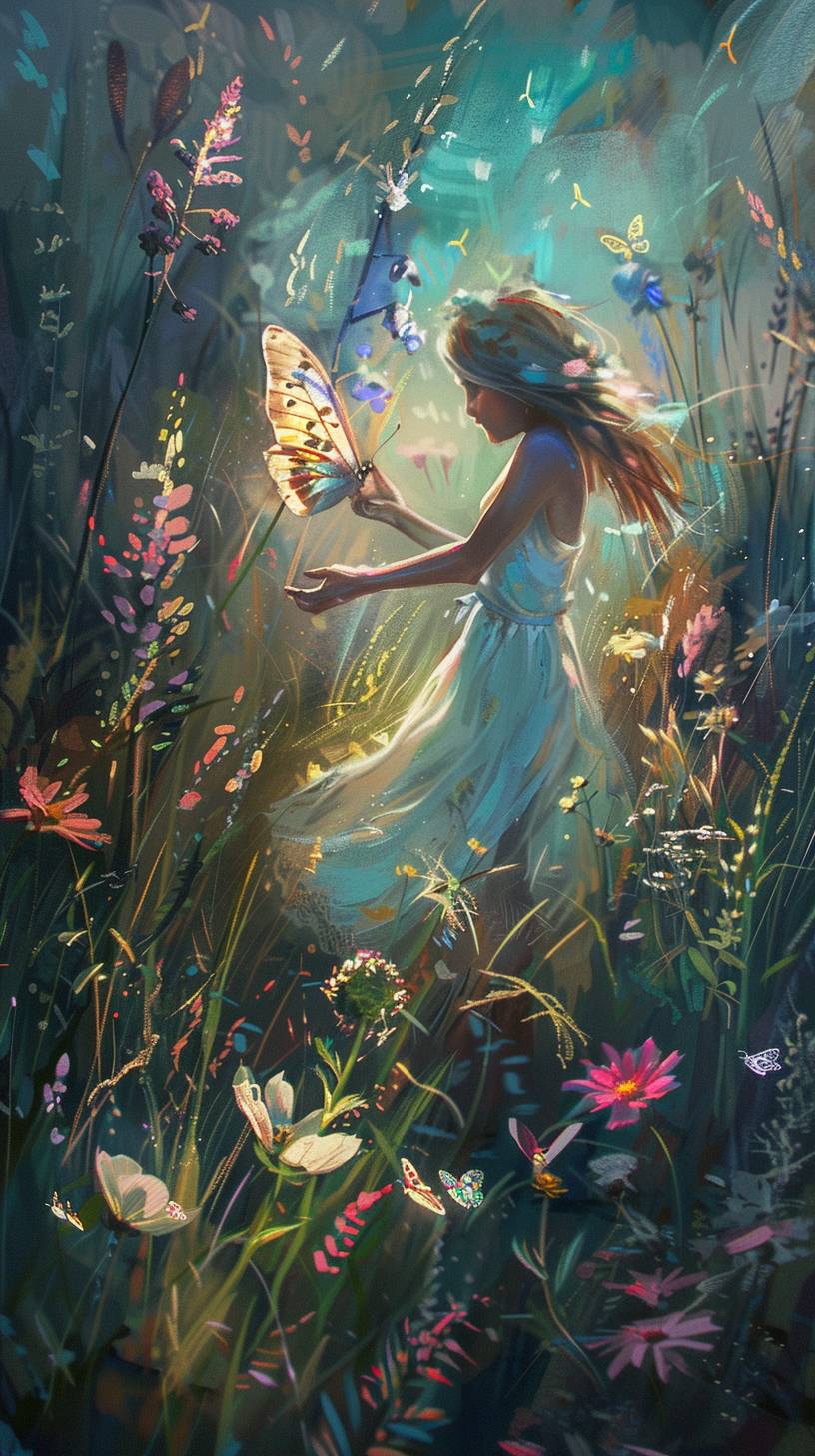 活気あふれる牧草地で、エミリーは繊細で羽ばたく蝶を見つけ、人生のはかない瞬間を彼女に思い起こさせます。「すべての瞬間は贈り物」と彼女は自分にささやきます。そして微笑みながら蝶の美しさを心に刻みます。