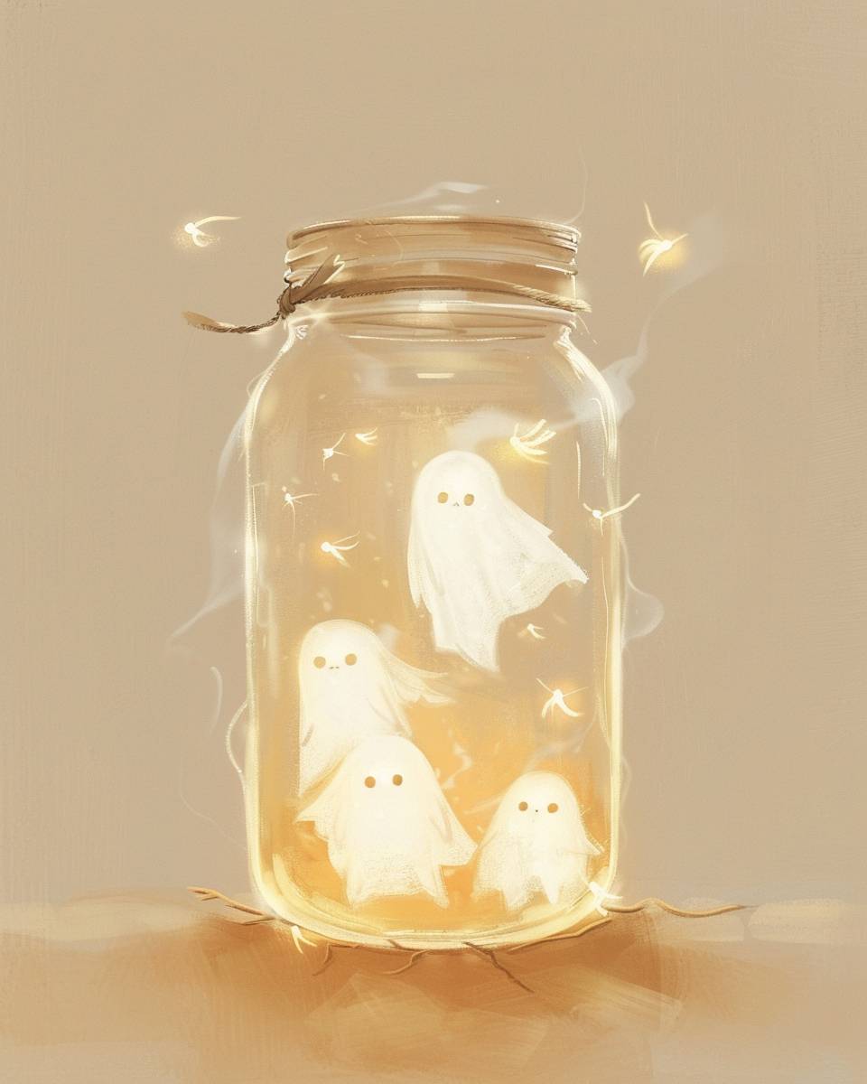 Minimalist oil painting fantasy style classic Victorian style oil painting of a clear jar with 3 cute white ghosts floating in the clear mason jar. There are glowing fireflies in the jar with the glowing white cute ghosts. Light beige background. Vintage American painting style. Minimalist.