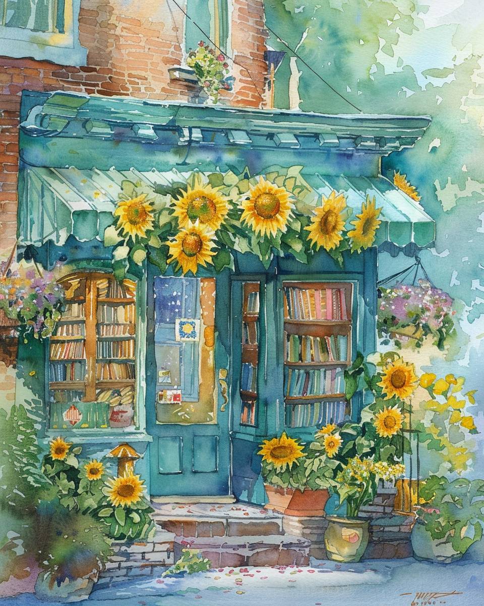向日葵で飾られたペールブルーの本屋の水彩画。花いっぱいの屋根と緑の屋根が明るく暖かい気分を与えます