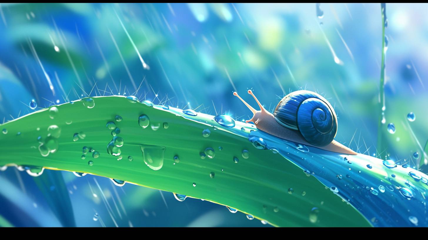 An intense close-up of a snail moving along a wet leaf, the trail of moisture glistening behind it, focusing on the texture of its shell and the leaf’s surface, heavy with rain, in the style of Makoto Shinkai