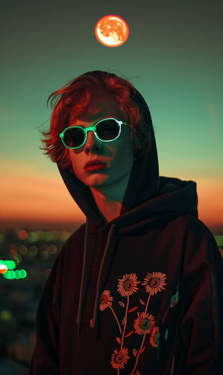 Redhead boy in sunglasses wearing black hoodie with cyan flower pattern. Photograph by Loretta Lux shot with green neon light. Night city in background. Red moon in orange sky.
