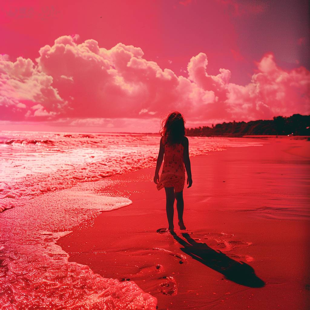 Young girl on red beach. Duotone photograph by Ren Hanby.