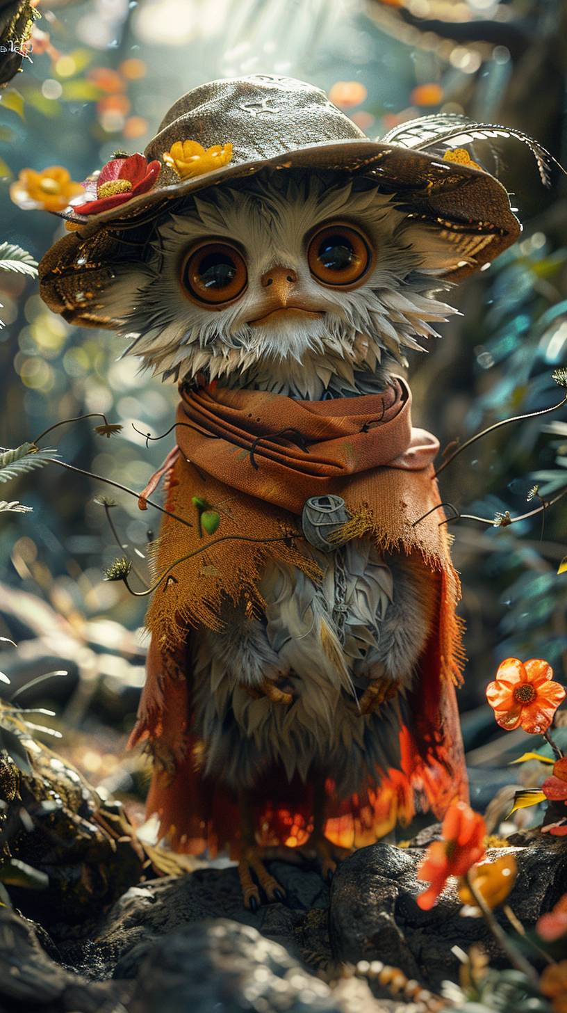 Photo from enchanted world landscape with Tim Burton, Wes Anderson styles. It features detailed ground, rocks, forest track, giant plants, complex, giant, and sympathetic paradise lemur-like creature with a witcher hat, big eyes, transparent wings, colorful bioma, wet environment, colored flowers, eyed plants, furry animals, big birds flying, alien insects, luminous ghosts, gradient horizon, alien sunset, sun rays, ultra-detailed textures, beautiful view, and amazing visual. Captured with a Canon EOS R5 camera, wide panorama vertical.