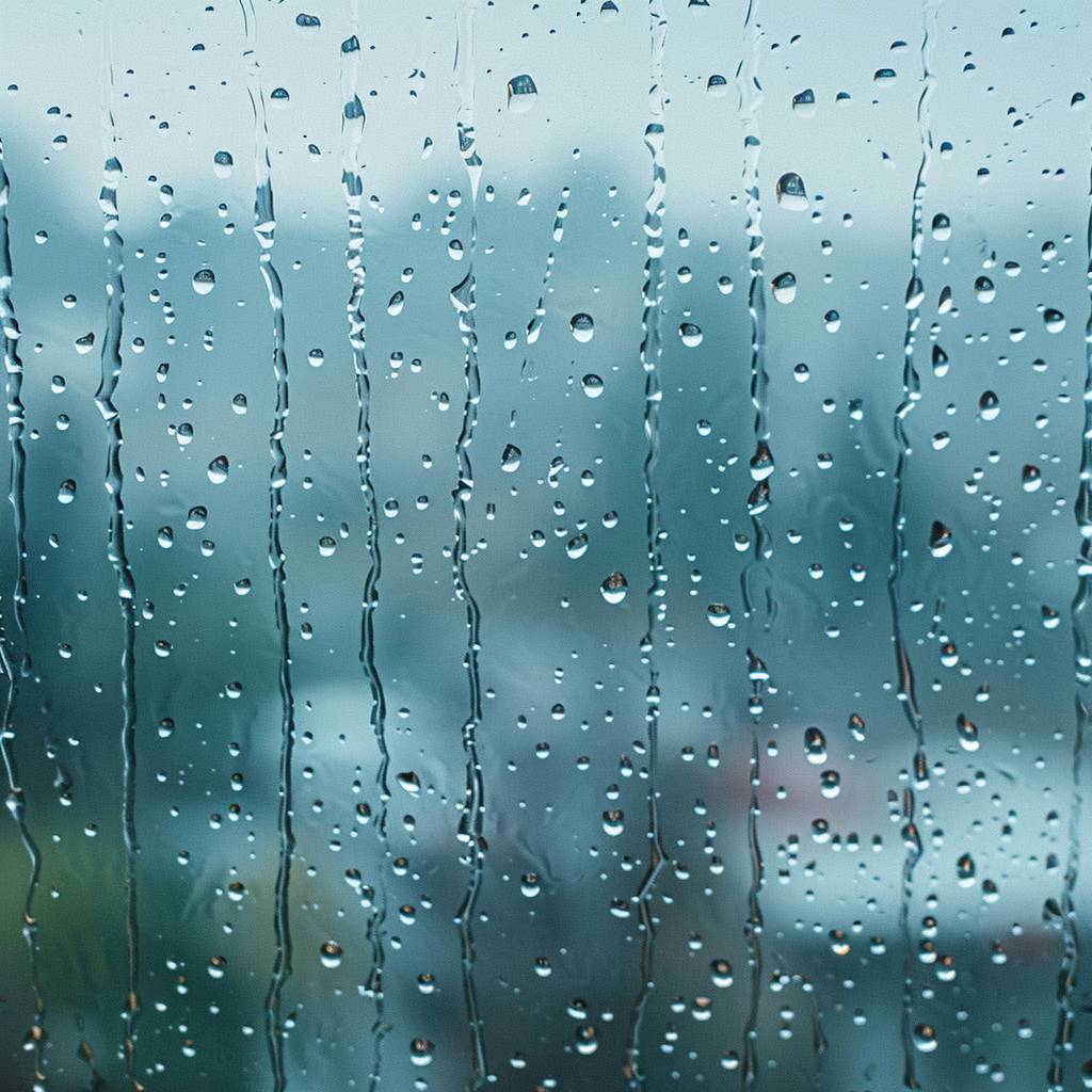 A photorealistic image of a glass window on a rainy, foggy day. The window is covered with water droplets. In the center, [COMPANY] logo shape is drawn in a simple manner. The shape appears as if it is dripping water drops naturally, enhancing the realistic, natural feel of a rainy day. The background behind the glass shows the blurry, rainy scenery, contributing to the overall mood of the image The rainy and foggy background enhances the realistic feel of a rainy day, with the text clearly visible and centrally located on the window.