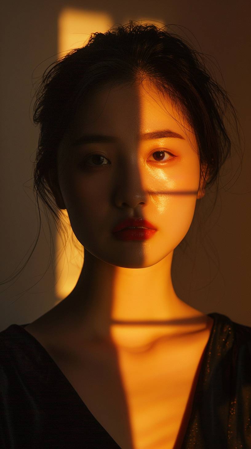 Artistic shadows and contrasts of lighting on the face, a Chinese female model with bright eyes, cute, beautiful, elegant, studio lighting, silhouette, French attire and classical interior decor, professional portrait photography, cinematic ambiance, Morandi color palette, low saturation
